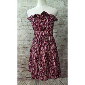 Charlotte Russe Size L Strapless Dress Maroon Navy Geometric Print Ruffle Front